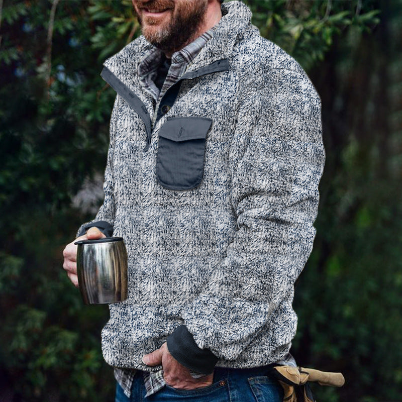Herren Fleece-Pullover mit Karomuster und Hohem Kragen