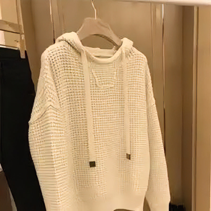 Damen Grob gestrickter Kapuzenpullover mit Waffelstruktur und Kordelzug Shop Nory