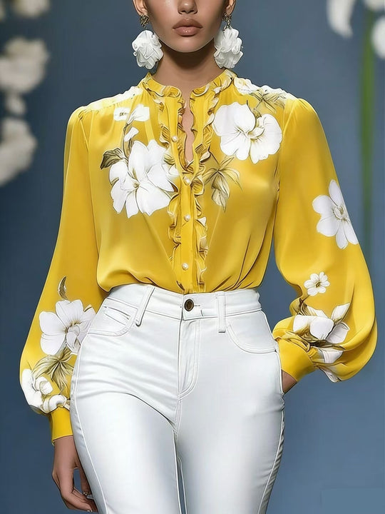 Damen Seidenbluse mit Rüschenblende und floraler Applikation Shop Nory