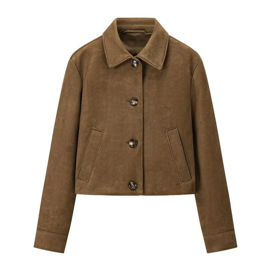 Damen kurz geschnittene Veloursleder‑Optik Jacke mit Hemdkragen und Knopfleiste Shop Nory