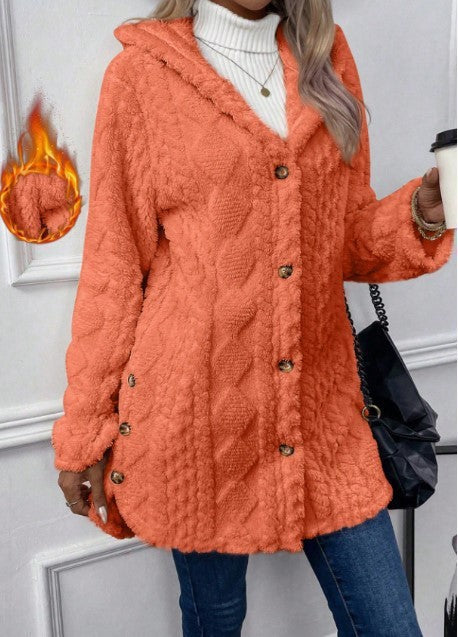 Damen nan gefütterter Kapuzen-Teddy-Mantel mit Zopfmuster, dekorativen Knöpfen und warmem Fleecefutter Shop Nory