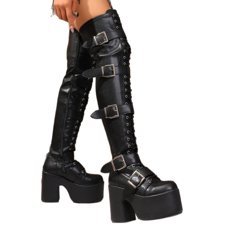 Damen Overknee Stiefel mit modischen Schnallen und hochmodernem Plateau Shopnory
