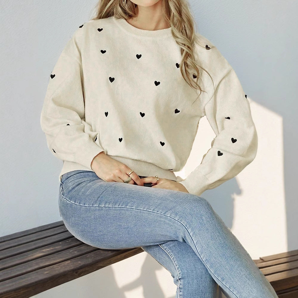 Damen Lockerer Feinstrickpullover mit Herzchen-Allover, Rundhalsausschnitt und elastischem Saum Shop Nory