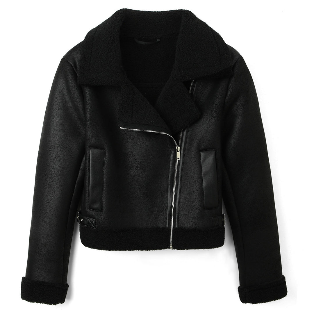 Damen Cropped-Fliegerjacke aus Lammfelloptik mit asymmetrischem Reißverschluss Shop Nory