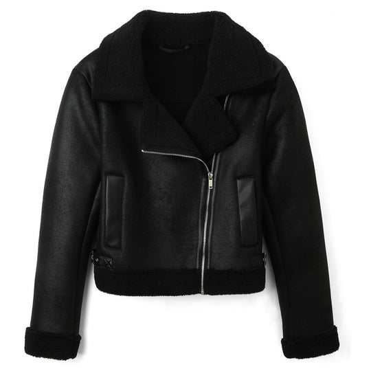 Damen Cropped-Fliegerjacke aus Lammfelloptik mit asymmetrischem Reißverschluss Shop Nory