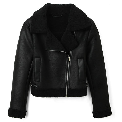 Damen Cropped-Fliegerjacke aus Lammfelloptik mit asymmetrischem Reißverschluss Shop Nory