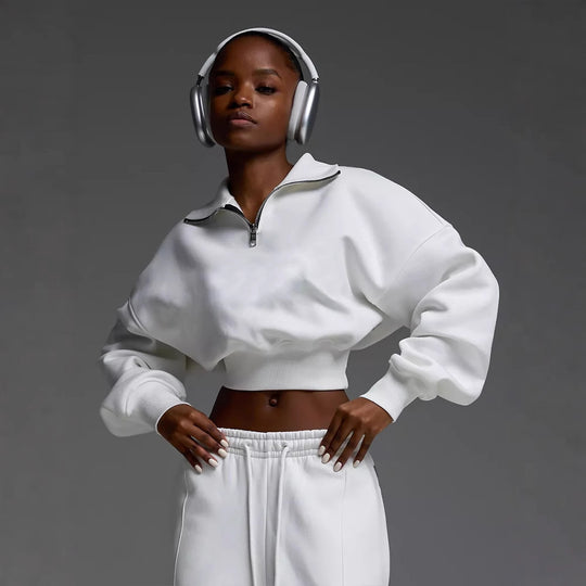 Damen kurzes Half-Zip Crop-Sweatshirt mit hoher Taille und weitem Sweatpants-Set Shop Nory
