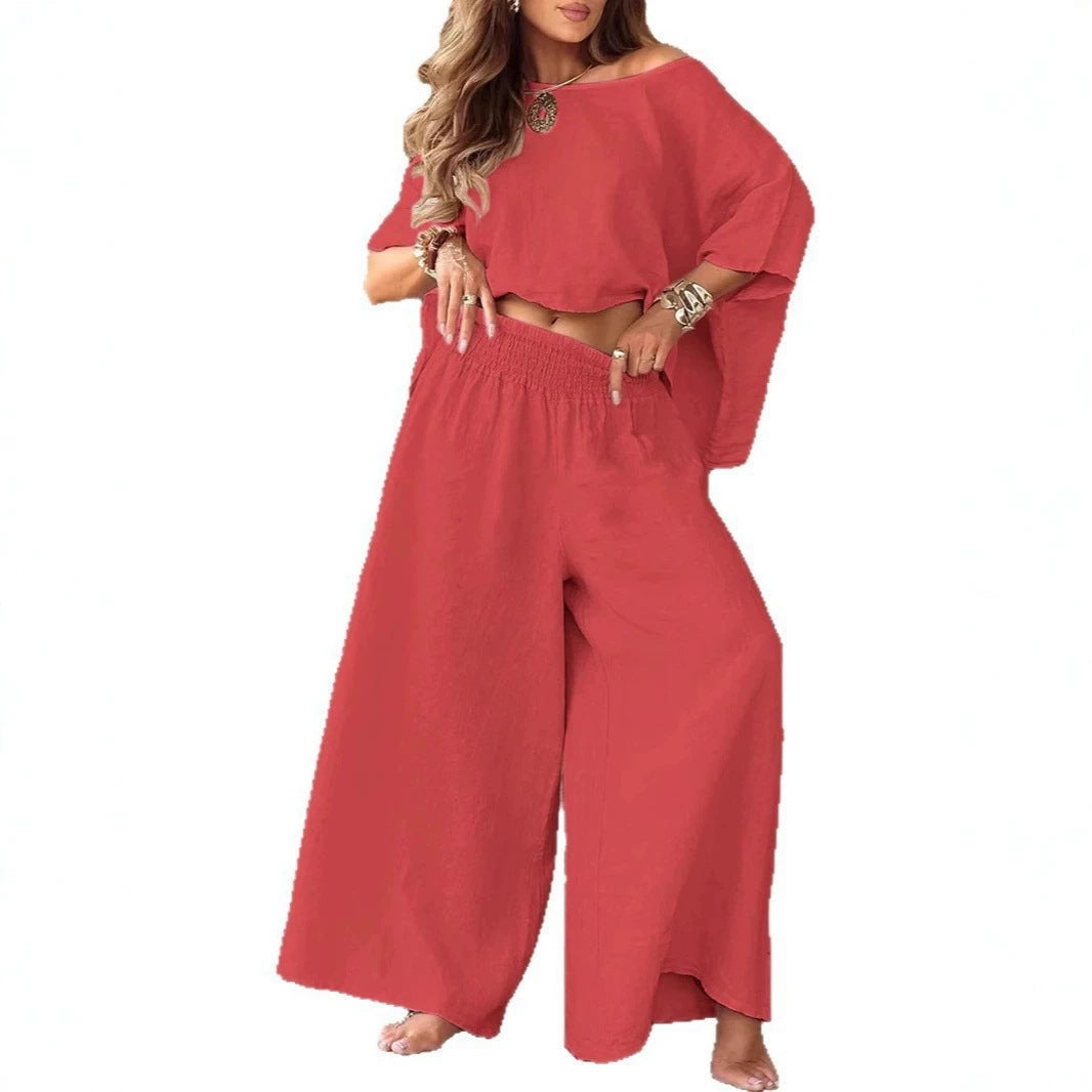 Damen Leinen-Set mit Cropped Oversize-Top und hohem elastischem Bund Palazzohose Shop Nory