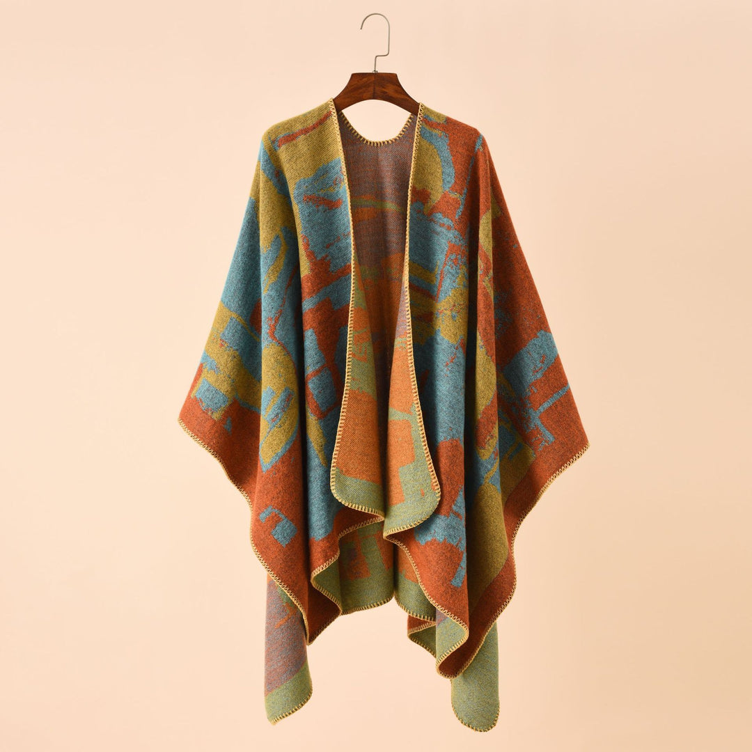Damen Oversize-Umhangruana aus Wollmix mit abstraktem Jacquard und Zierstichkante Shop Nory