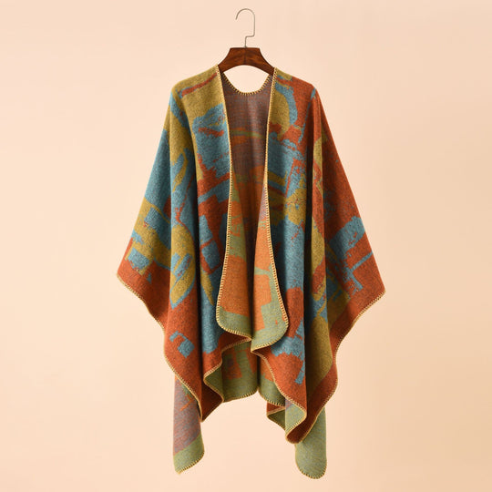 Damen Oversize-Umhangruana aus Wollmix mit abstraktem Jacquard und Zierstichkante Shop Nory