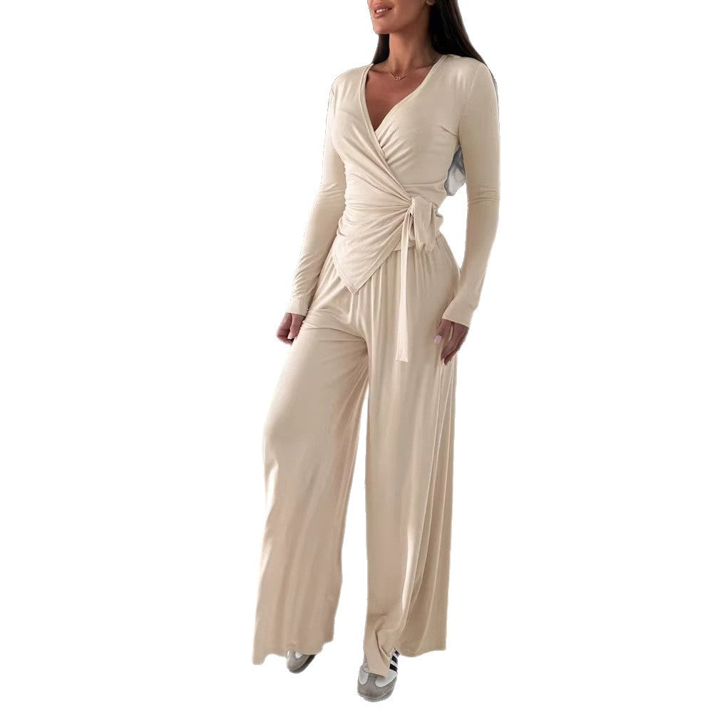 Damen Wickel-Jersey-Maxikleid mit V-Ausschnitt, Taillenband und weitem Palazzo-Rock Shop Nory