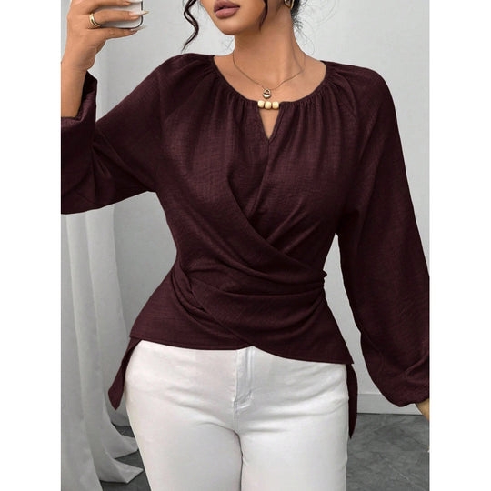 Damen Taillierte Wickelbluse mit Perlendetail und Ballonärmeln Shop Nory