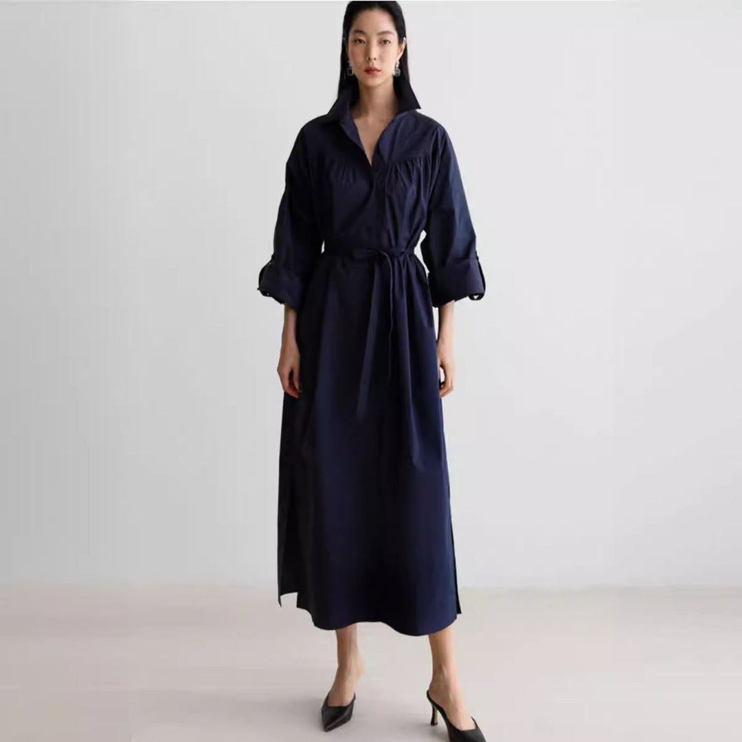 Damen Langärmliges Hemdblusen‑Maxikleid mit strukturierter Schulterpasse und Bindegürtel Shop Nory