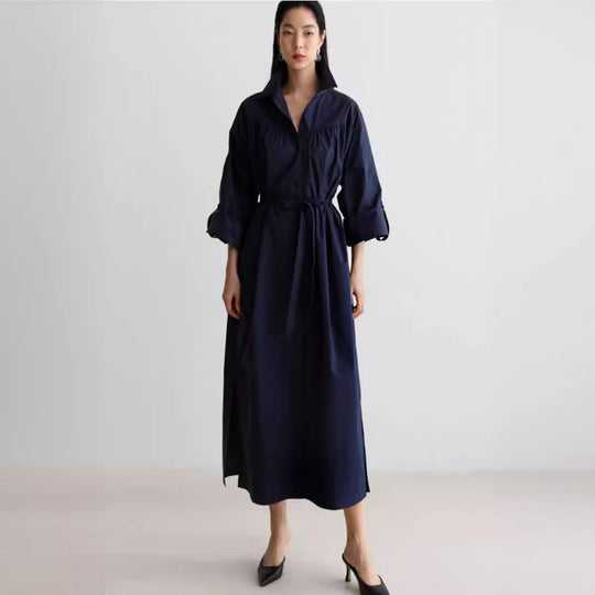 Damen Langärmliges Hemdblusen‑Maxikleid mit strukturierter Schulterpasse und Bindegürtel Shop Nory