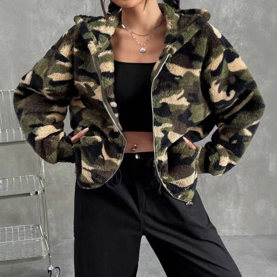 Damen Teddy-Fleece Kapuzenjacke im Camouflage-Look Shop Nory