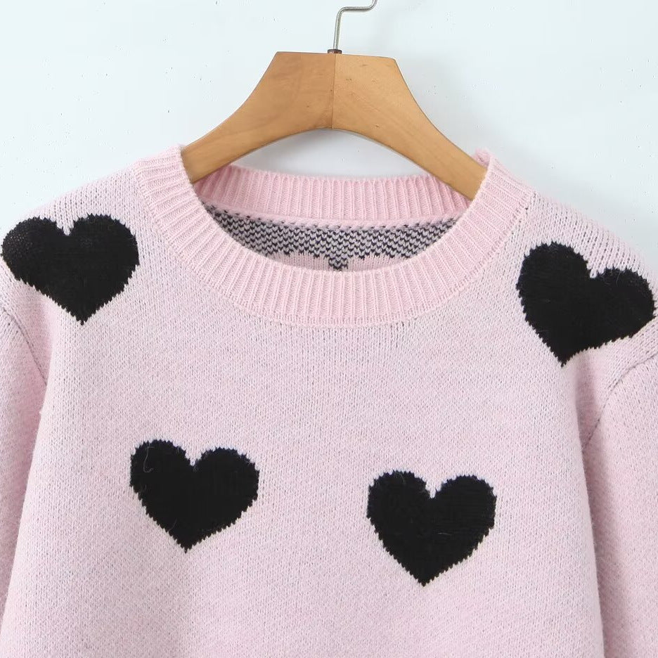 Damen Herz-Intarsien-Pullover mit Rundhalsausschnitt und legerer Passform Shop Nory