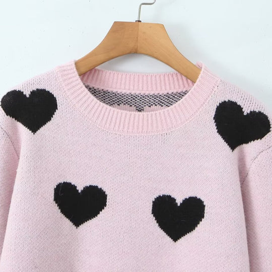 Damen Herz-Intarsien-Pullover mit Rundhalsausschnitt und legerer Passform Shop Nory