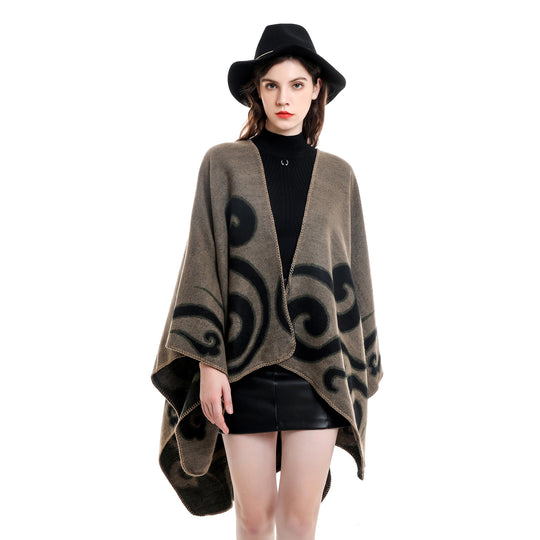 Damen Wollmix-Capeponcho im Ruana-Schnitt mit ornamentaler Intarsienstruktur Shop Nory