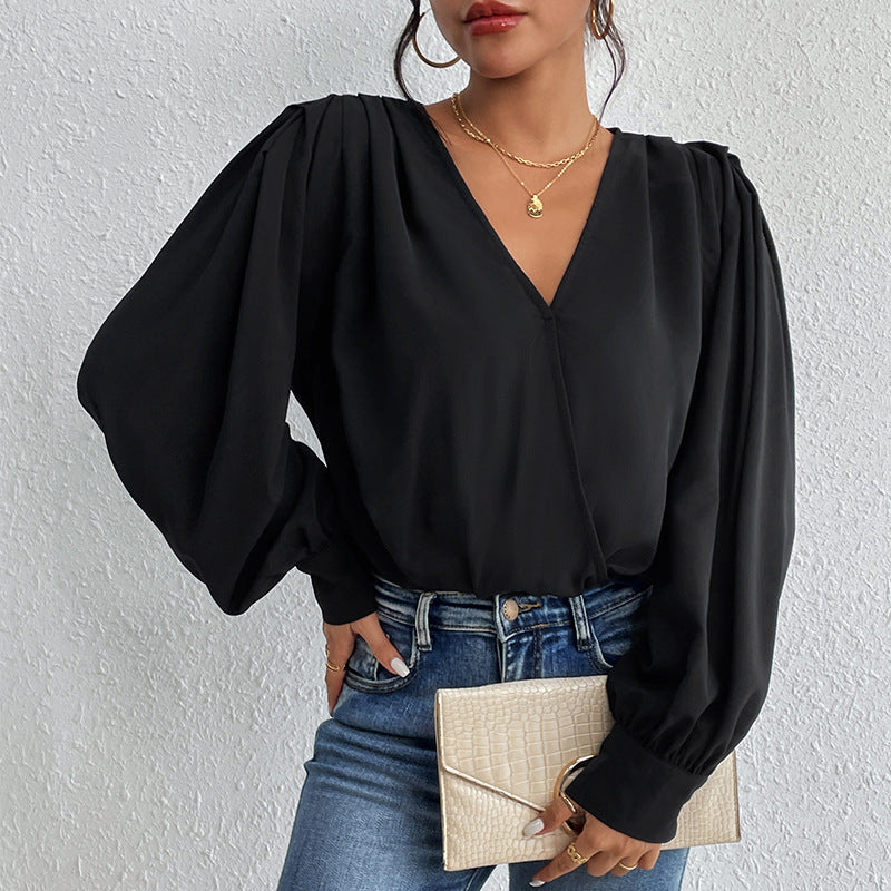Damen Wickelbluse mit V-Ausschnitt, gepufften Schultern und elastischem Saum Shop Nory
