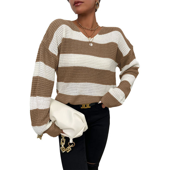 Damen Gestreifter Strickpullover mit V‑Ausschnitt und lässiger Oversize‑Passform Shop Nory
