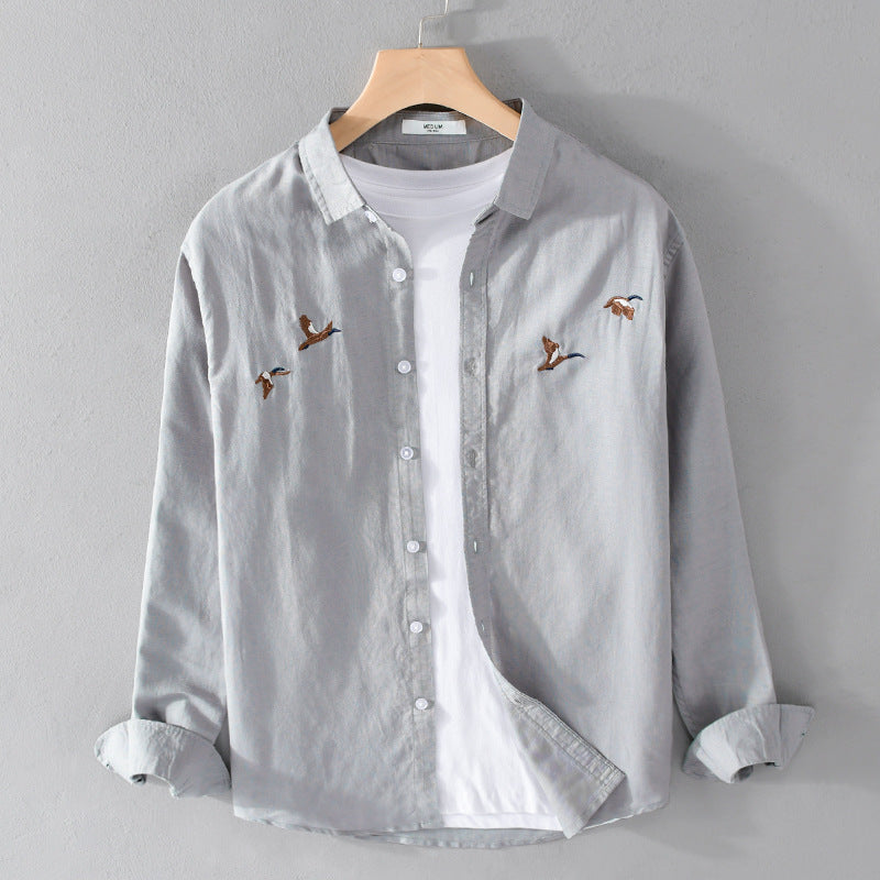 Herren Leichtes Leinenhemd mit feiner Vogelstickerei und Relaxed Fit Shop Nory