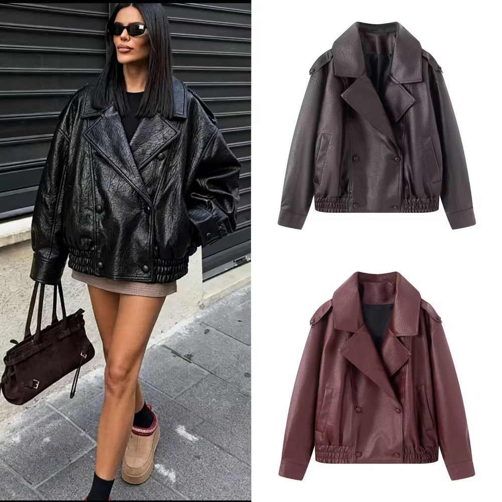 Damen Oversized Kunstlederjacke mit großem Revers, doppelreihiger Druckknopfleiste und elastischem Saum Shop Nory