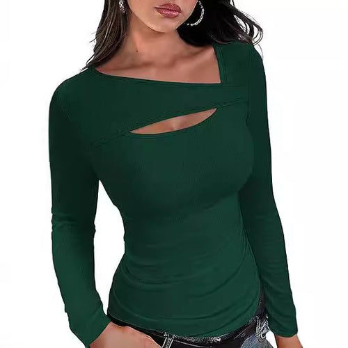 Damen Geripptes Langarmshirt mit asymmetrischem Carmenausschnitt und Brust-Cut-Out Shop Nory