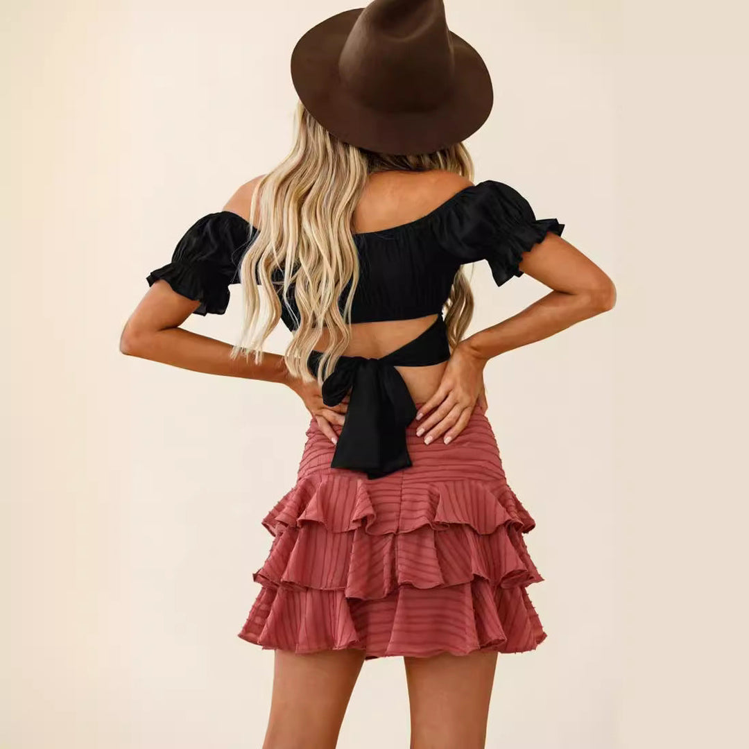Damen Off-Shoulder Crop-Top mit Rüschärmeln und Binde-Detail Shopnory