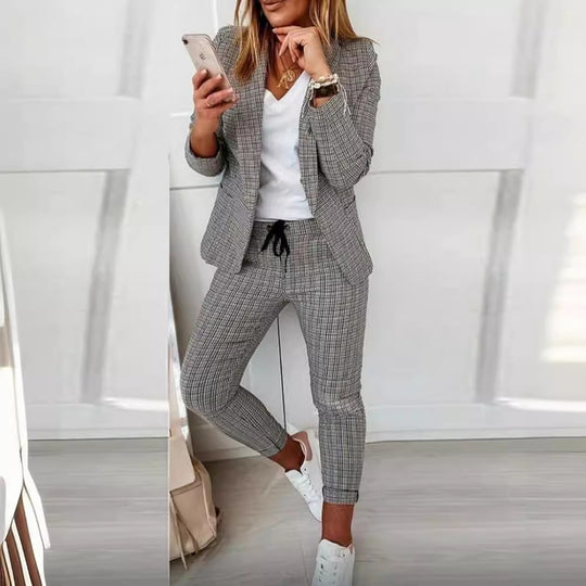 Damen nan lässig-elegantes Karozweiteiler Blazer mit Tunnelzug-Slimhose Shop Nory