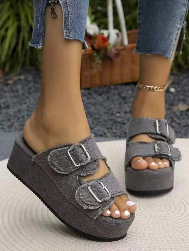 Damen bequeme Plattformsandalen aus Denim mit doppeltem Riemen