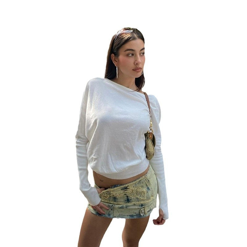 Damen nan asymmetrisches leichtes Langarm-Croppedshirt mit Ein-Schulter-Detail und stretchigem Baumwollmix Shop Nory