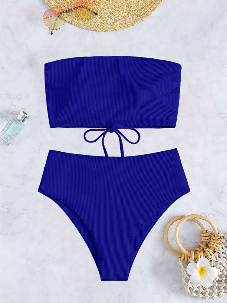 Damen Bandeau-Bikini mit hohem Bund und Rippdesign