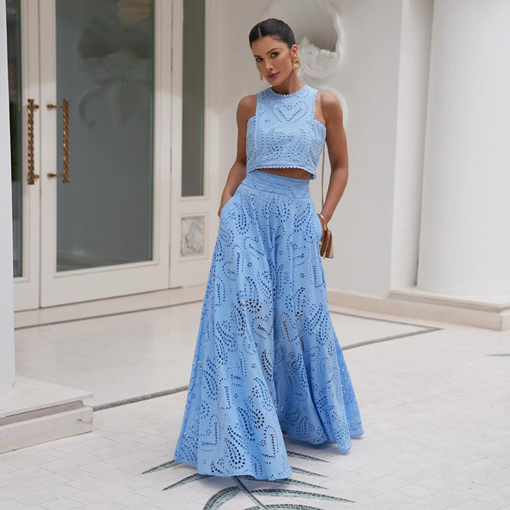 Damen Elegantes Zweiteiliges Kleidungsset mit Lochmuster