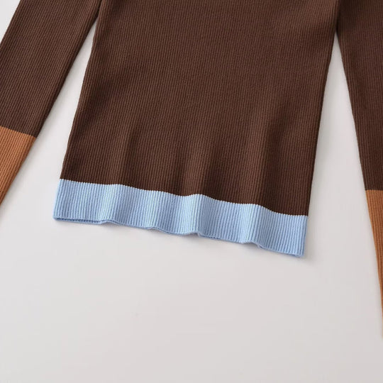Damen Figurbetonter Rippstrick-Pullover mit Polokragen, Knopfleiste und Colorblock-Details Shop Nory