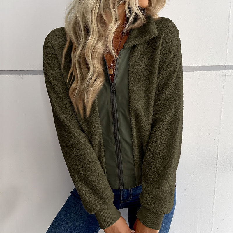 Damen Teddyjacke mit Reißverschluss, Stehkragen und Rippbündchen Shop Nory