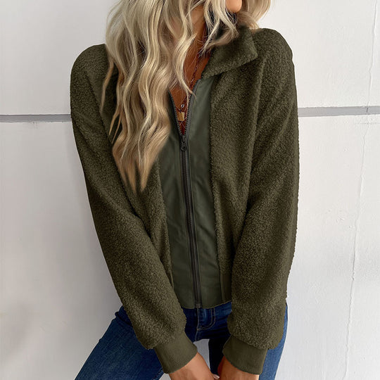 Damen Teddyjacke mit Reißverschluss, Stehkragen und Rippbündchen Shop Nory