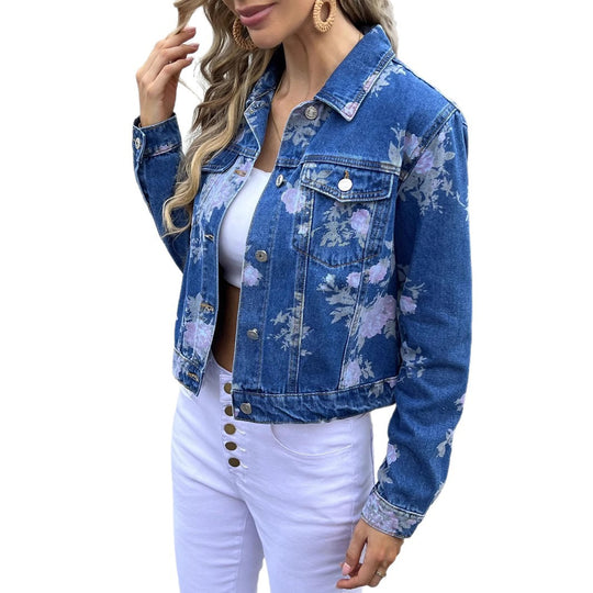 Damen Kurzgeschnittene Jeansjacke mit floralem Aquarellprint und Pattentaschen Shop Nory