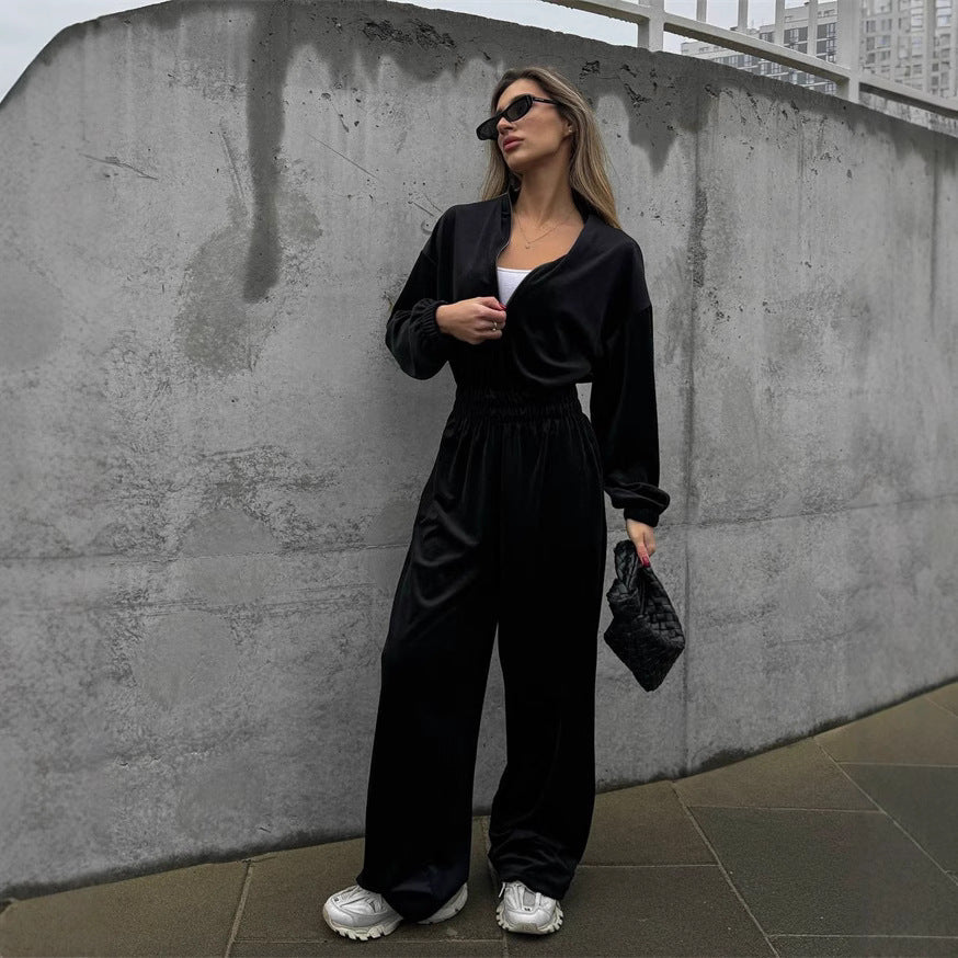 Damen Velours-Overall mit Reißverschluss, elastischem Taillenbund und weitem Palazzo-Bein Shop Nory