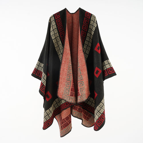 Damen Kastiger Wollmix-Ruana mit kontrastiertem Innenfutter und grafischem Jacquard Shop Nory