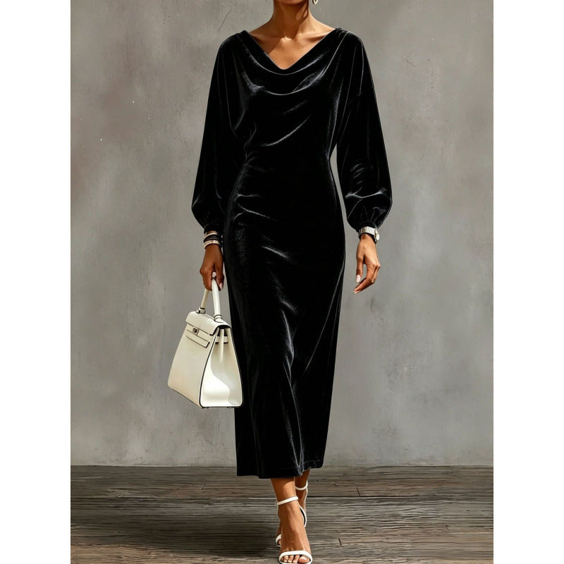 Damen Midikleid aus Samt mit drapiertem Wasserfallkragen und Ballonärmeln Shop Nory