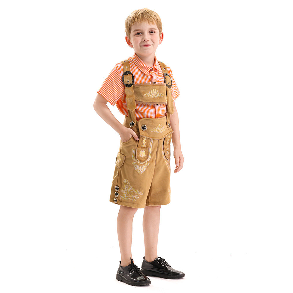 Herren nan traditionelle Kinderlederhose kurz mit aufwendiger Stickerei, Latztasche und verstellbaren Trägern Shop Nory