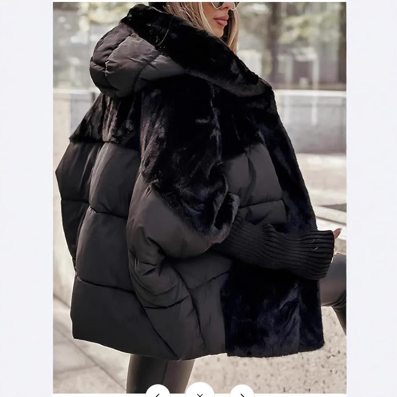 Damen nan oversized gesteppte Winterjacke mit Kunstfellpanelen, Kapuze und integrierten Rippenärmel-Details Shop Nory