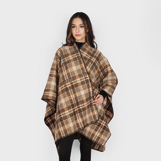 Damen Oversize Wollmix-Capeponcho im Rechteckschnitt mit Karomuster und dekorativer Kettelkante Shop Nory