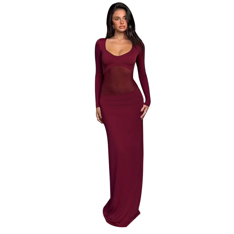Damen Figurbetontes Maxikleid mit transparenten Mesh-Einsätzen und tailliertem Stretchrock Shop Nory