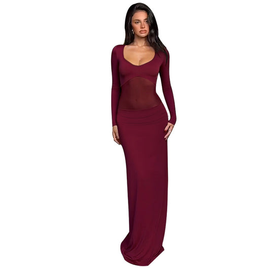 Damen Figurbetontes Maxikleid mit transparenten Mesh-Einsätzen und tailliertem Stretchrock Shop Nory