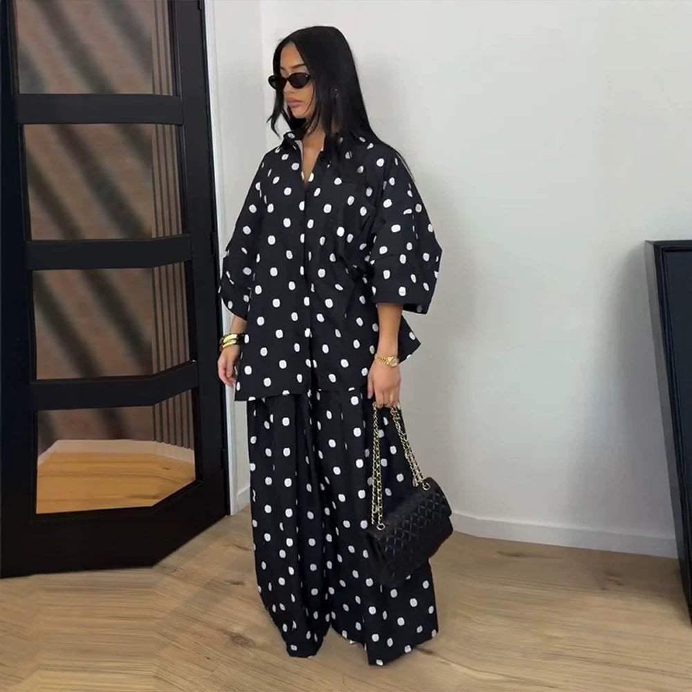 Damen Zweiteiliges Oversize-Blusen und Palazzo-Hosen Set mit Punktmuster Shop Nory