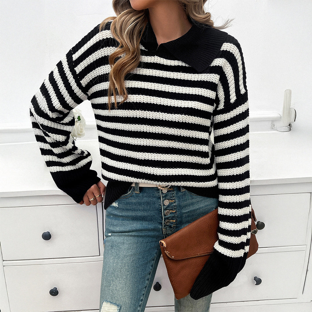 Damen nan gestreifter Polokragen-Strickpullover mit weitem Saum und ausgestellten Bündchen Shop Nory