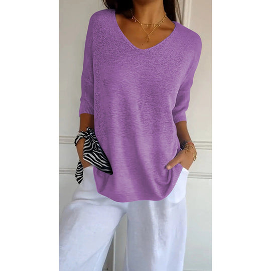 Damen nan locker sitzender V-Ausschnitt Feinstrickpullover mit dreiviertelÄrmeln Shop Nory