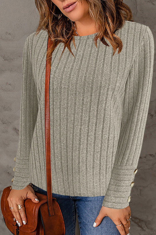 Damen Gerippter Feinstrickpullover mit Rundhalsausschnitt und Zierknopf‑Manschetten Shop Nory