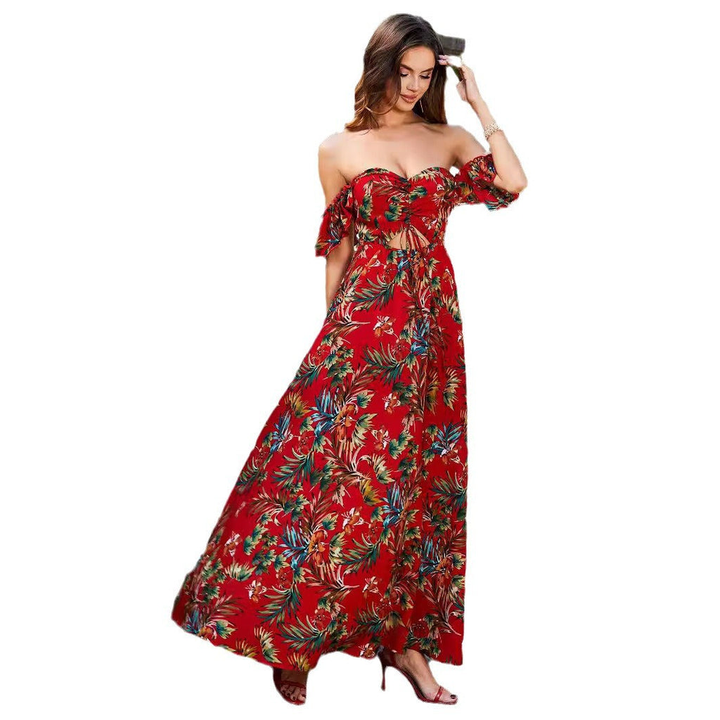 Damen Maxikleid mit schulterfreiem Design und floralem Druck Shopnory